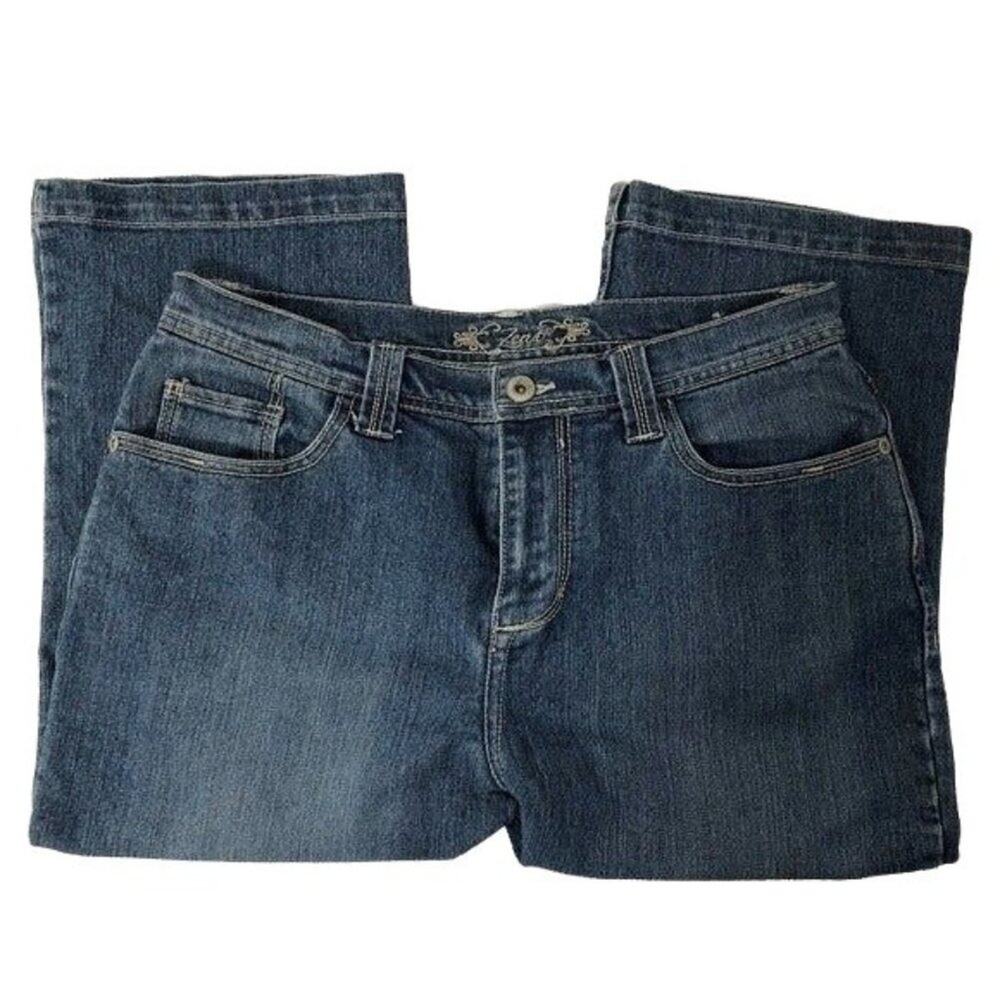 Zena Button-Flap Back Pockets Blue Denim Capris | Women's Size 8b, 5 oz